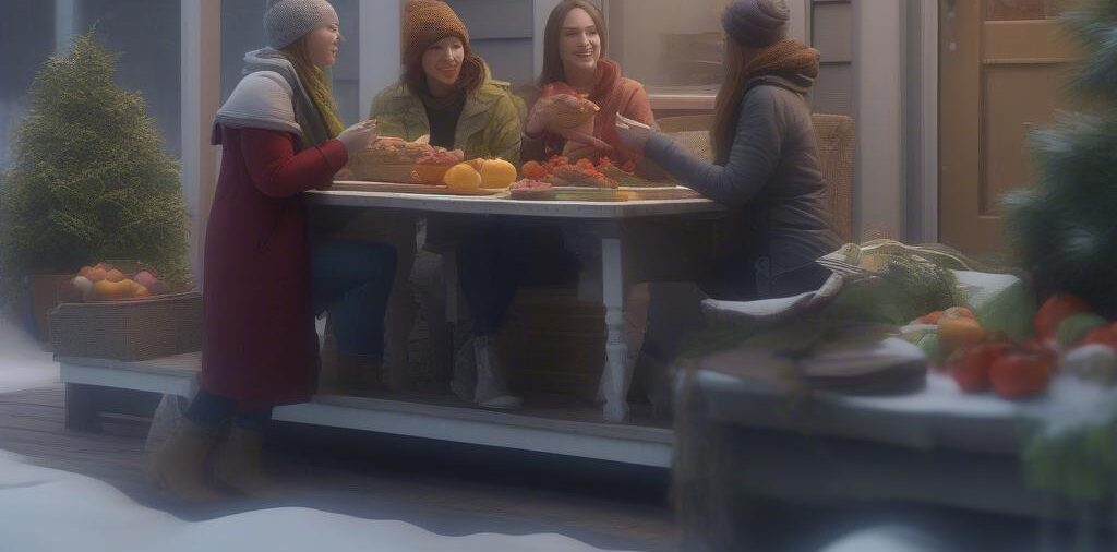 Women Eating Fruits and Vegetables on The Front Porch on a Snowy Day