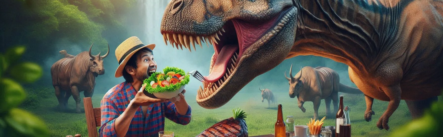 Dinosaur Eating a Salad While a Man Eats a Giant Steak at the Dinner Table