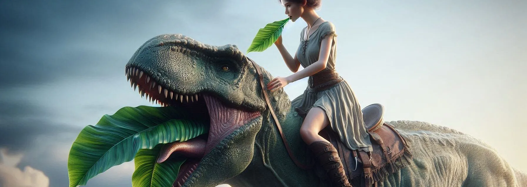 Woman Riding on a Dinosaur While She Eats a Huge Leaf