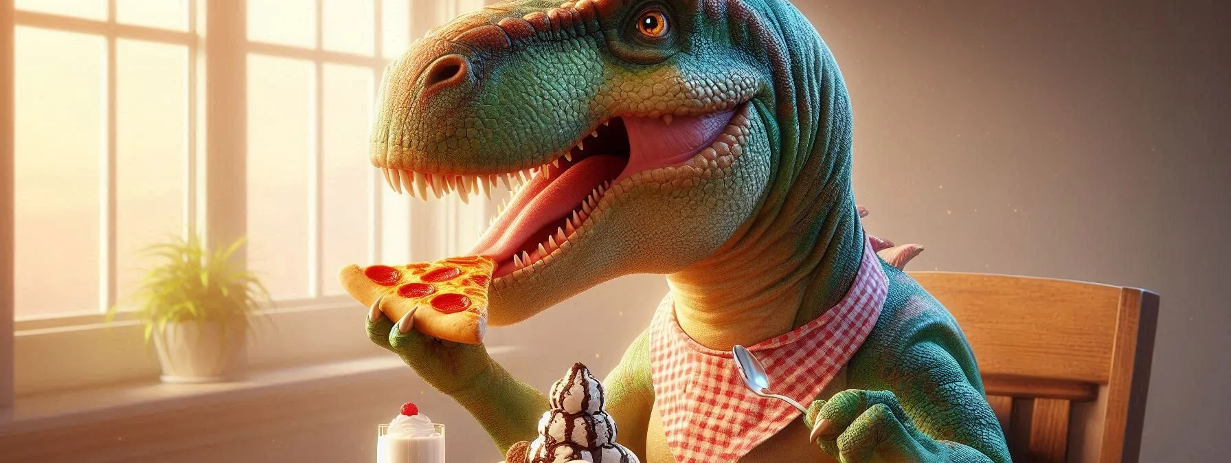 Dinosaur with a Bib Eating Pizza and Ice Cream for Breakfast