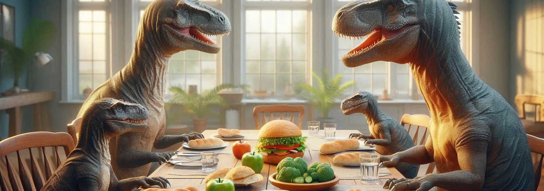 Dinosaurs at The Dinner Table with Huge Plates but Very Small Portions of Food