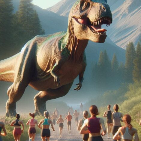 Dinosaurs and Women Jogging on a Trail