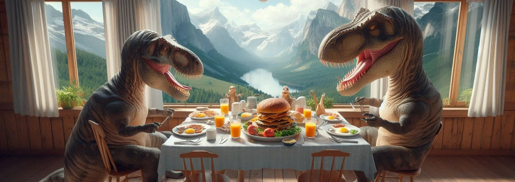 Dinosaurs Sitting at a Table and Eating a Huge Breakfast