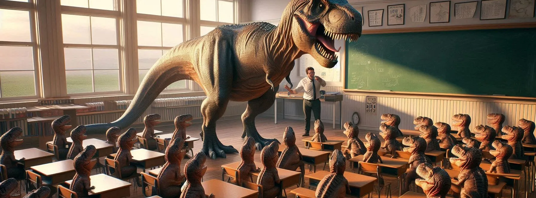 T-Rex Scolding a Bunch of Smaller Dinosaurs in a Classroom