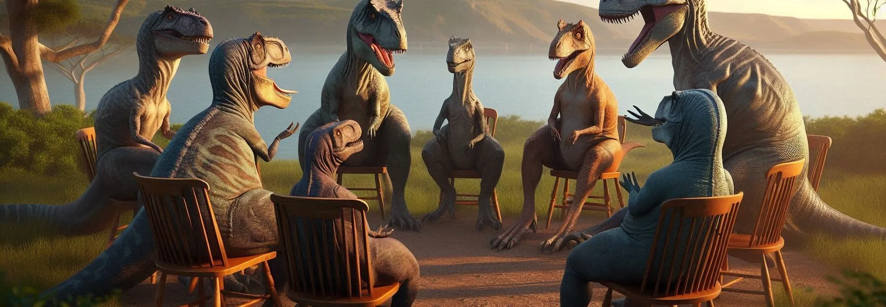 Dinosaurs Sitting in Chairs in a Circle and Talking