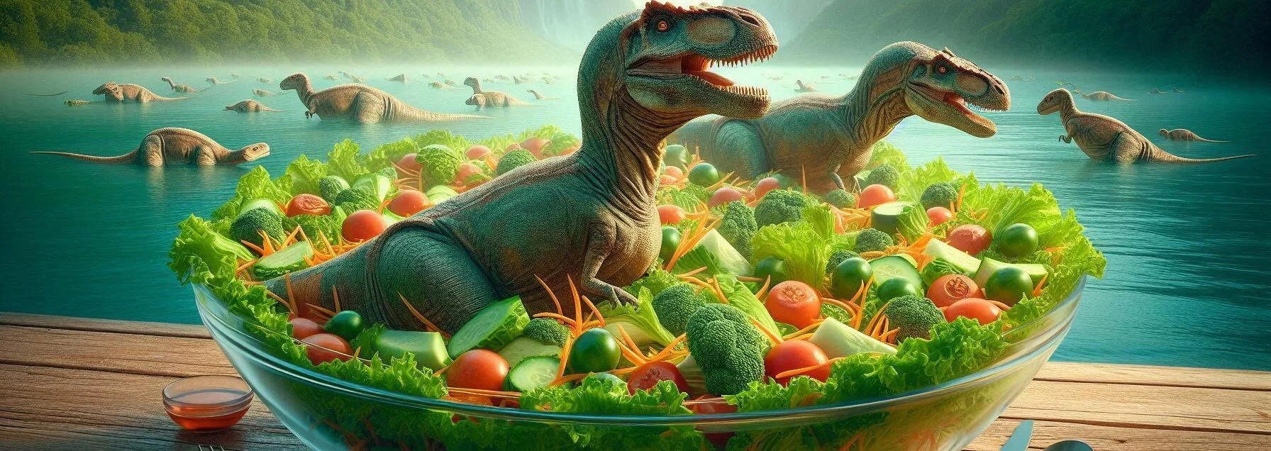 Dinosaurs Swimming in a Huge Bowl Full of Salad