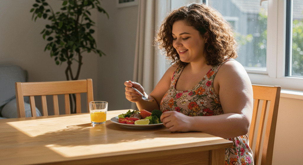 Overweight Woman Eating a Balanced Diet