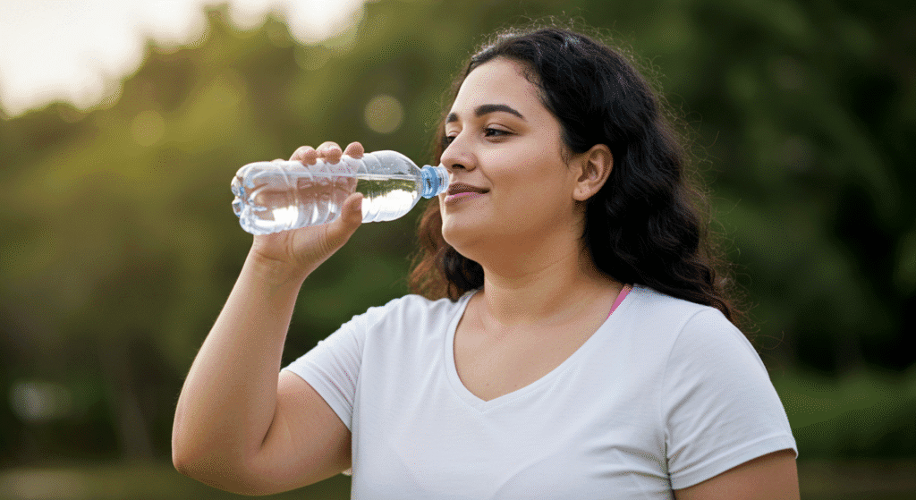 Overweight Woman Drinking from Water Bottle