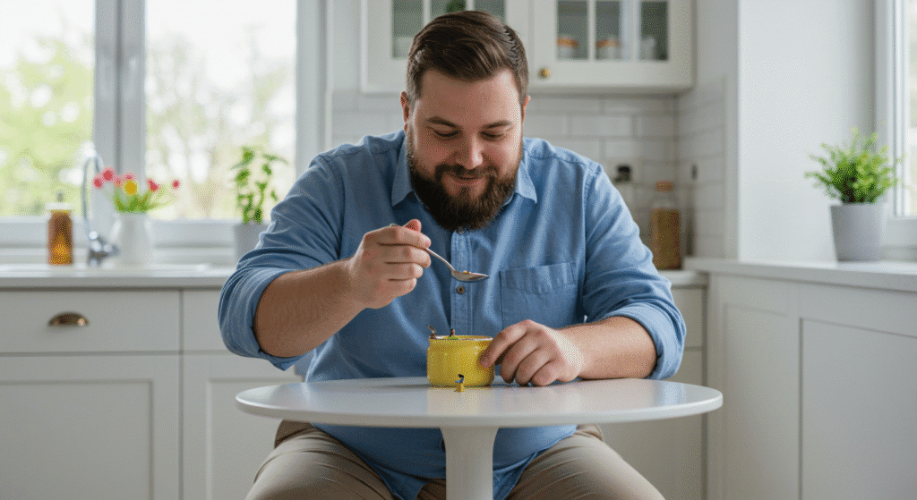 Overweight Man Eating Tiny Portions