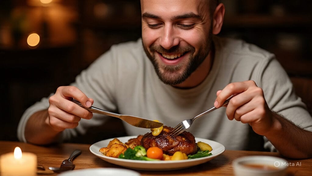 Man Savoring Every Bite of His Huge Dinner