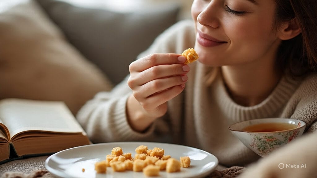 Woman Snacking on Tiny Bits of Food