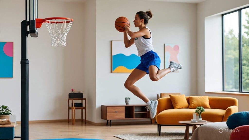 Woman Playing Basketball in her Livingroom