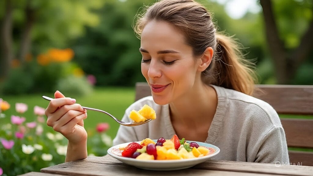 Woman Savoring Every Bite of Her Fruit Salad
