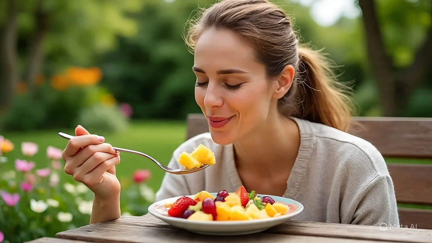 Woman Savoring Every Bite of Her Fruit Salad