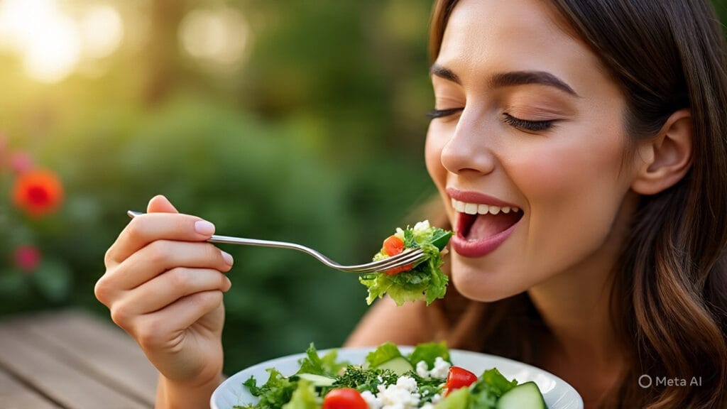 Woman Savoring Every Bite of Her Salad