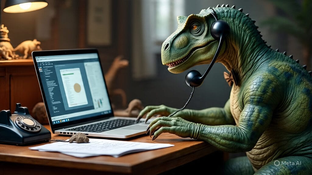 Dinosaur Talking on the Phone While Sending an Email on His Laptop