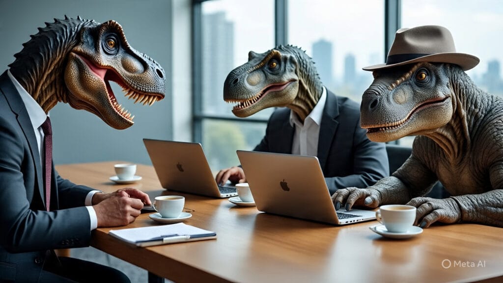 Group of Dinosaurs Sitting Around a Conference Table Drinking Coffee and Looking at Their Laptops