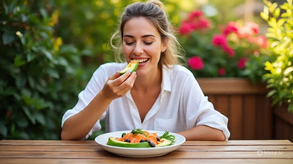 Woman Eating Avocados and Olives and Salmon