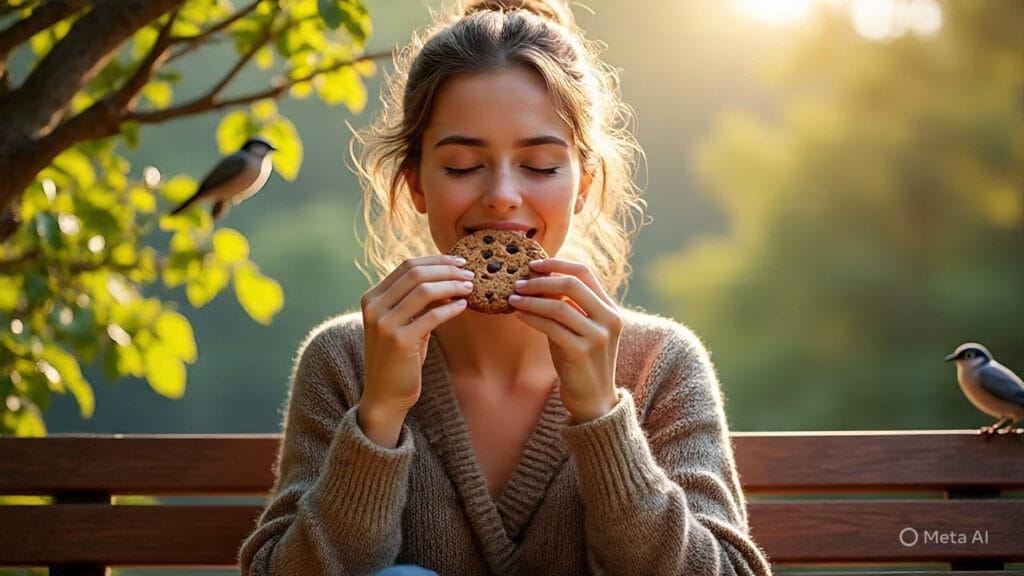Woman Mindfully Eating a Very Large Chocolate Chip Cookie